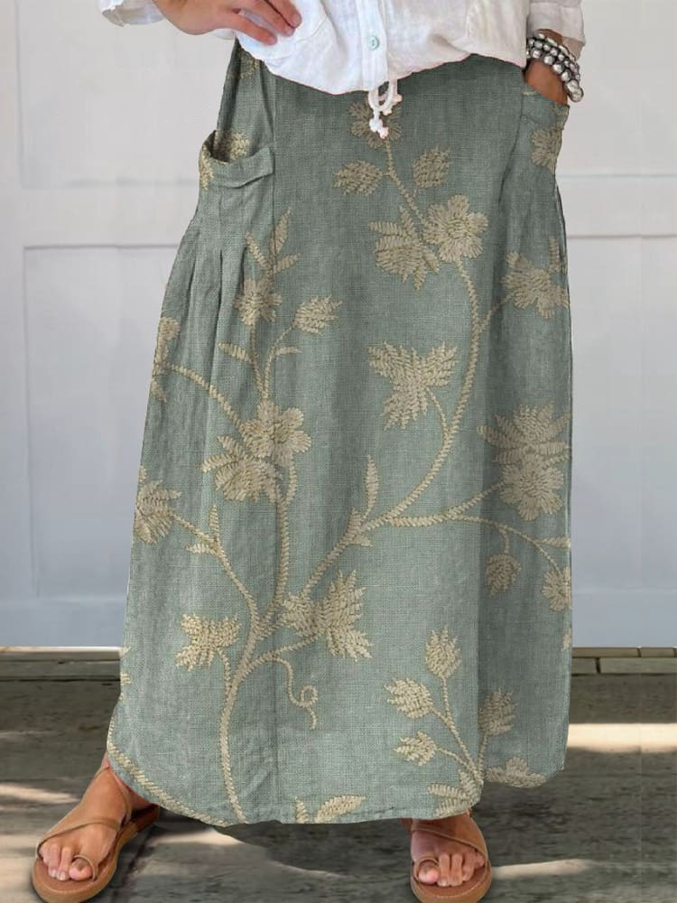 Women's Retro Floral Art Linen Pocket Skirt b1e4