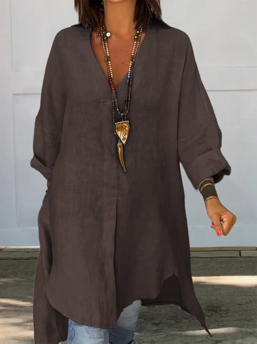 Women's Casual Cotton And Linen Shirtdress a98c