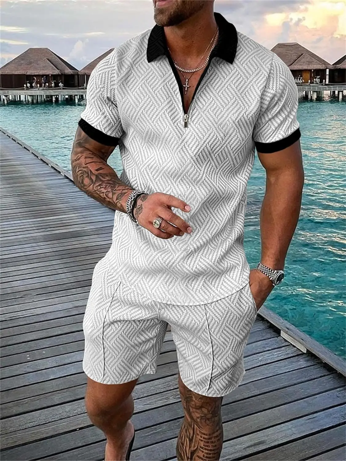 18 Pack Men Track Suits 2 Piece Set Summer Casual Outfits Fashion Polo Shirts Short Sleeve and Shorts Set Vacation Clothes